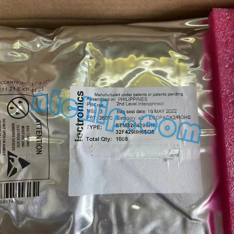 STMicroelectronics STM32F429IIH6 product label and outer packaging STMicroelectronics STM32F429IIH6 product label and outer packaging